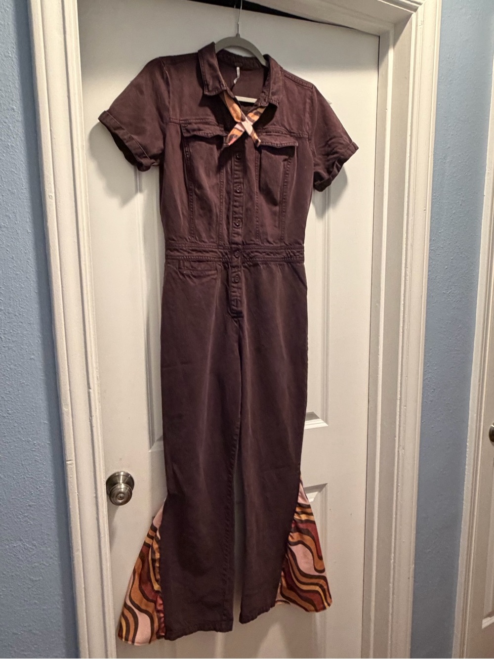Brown Utility Jumpsuit with 70’s Patterned Flare